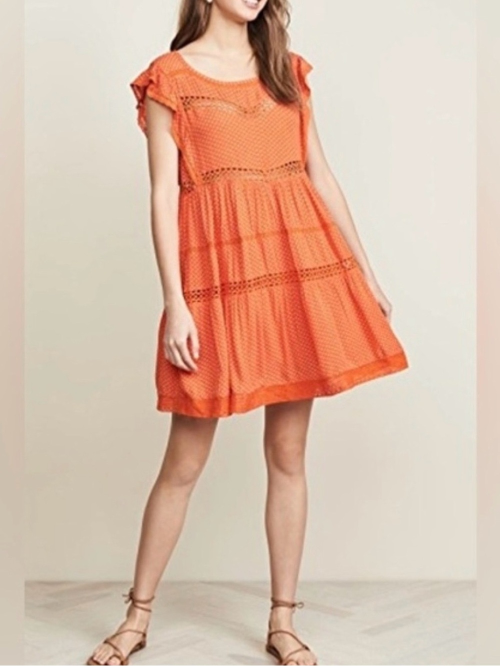 Free People Orange Floral Tiered Mini Dress Lace Trim Pockets Small Fits M